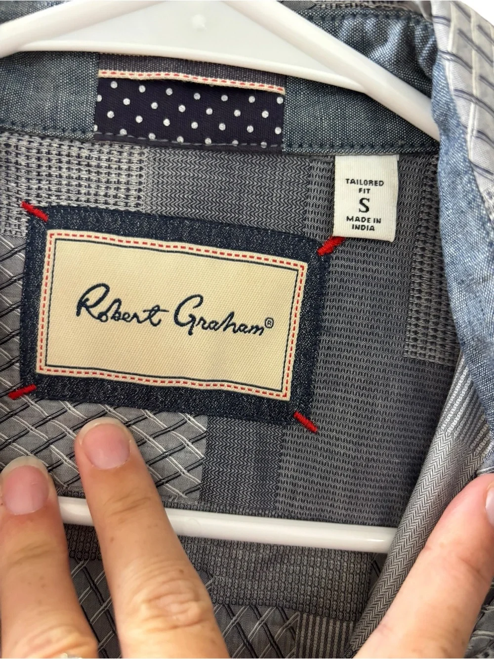 Robert Graham Men's Patchwork-Pattern Gray Button-Down Shirt Size Small